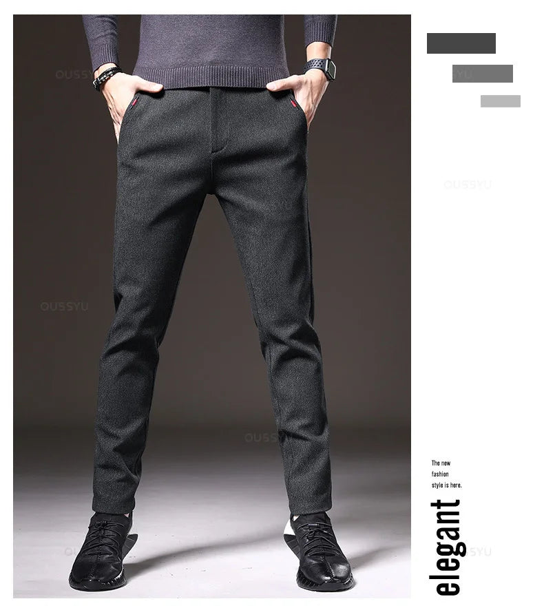 Autumn Winter Men's Brushed Fabric Casual Pants Business Fashion Slim Fit Stretch Thick Gray Blue Black Cotton Trousers Male.