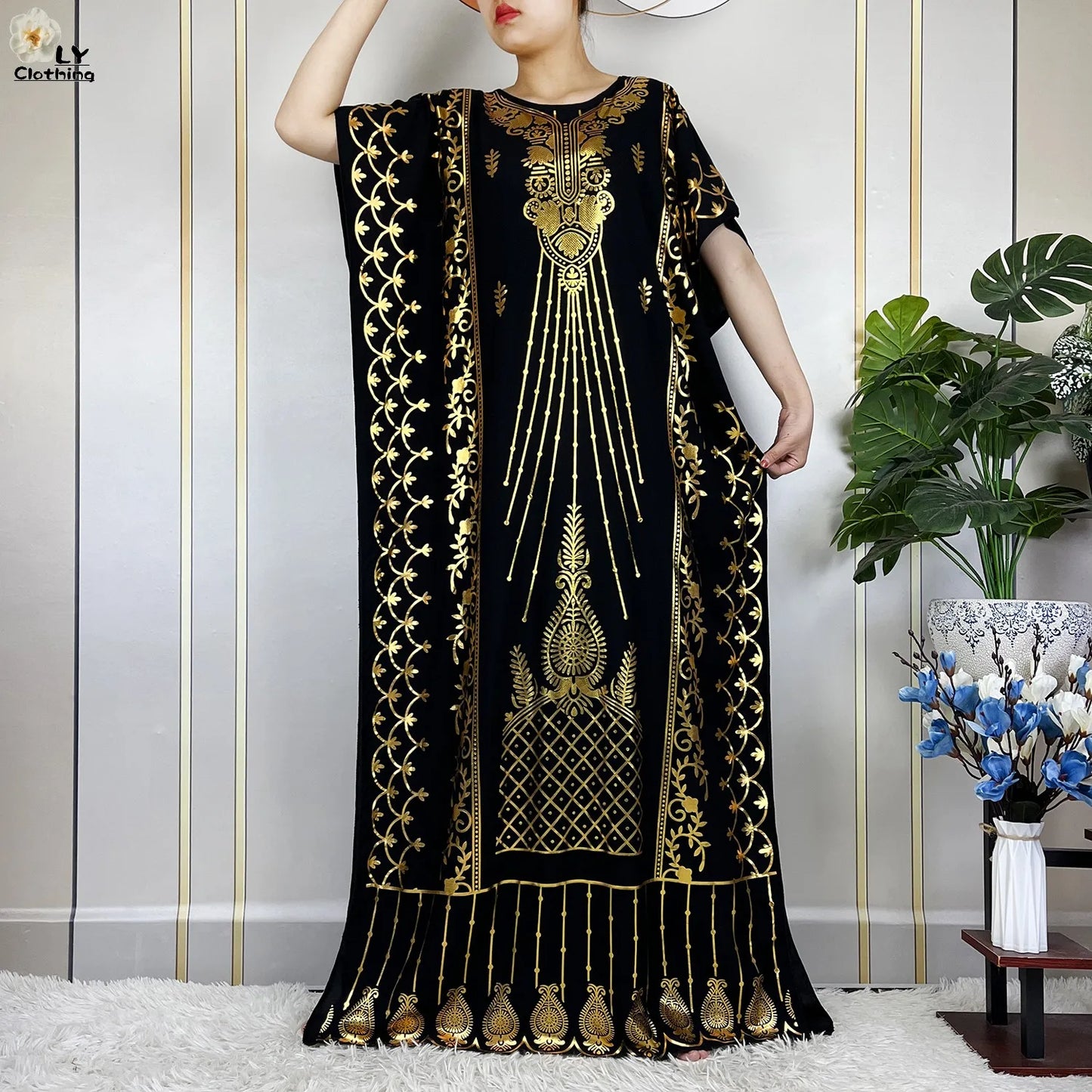 2023 New Muslim Summer Short Sleeve Robe Gold Stamping Boubou Maxi Women Femme Loose Dress With Big Scarf African Abaya Clothes.