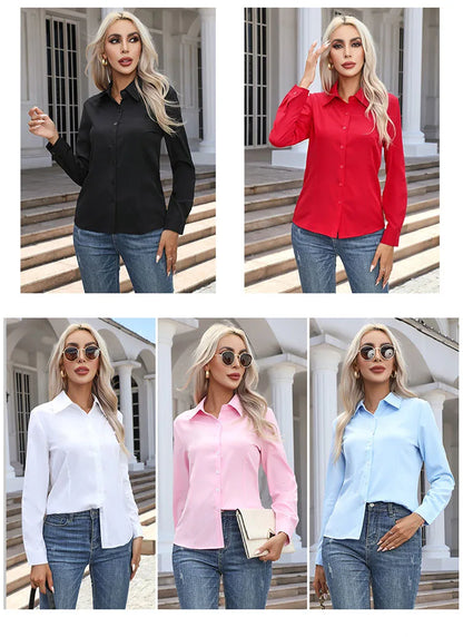 1pcs Woman Spring Autumn Solid color Shirts Lady Casual Long Sleeve Turn-down Collar Loose Shirt Female Fashion Temperament Tops.
