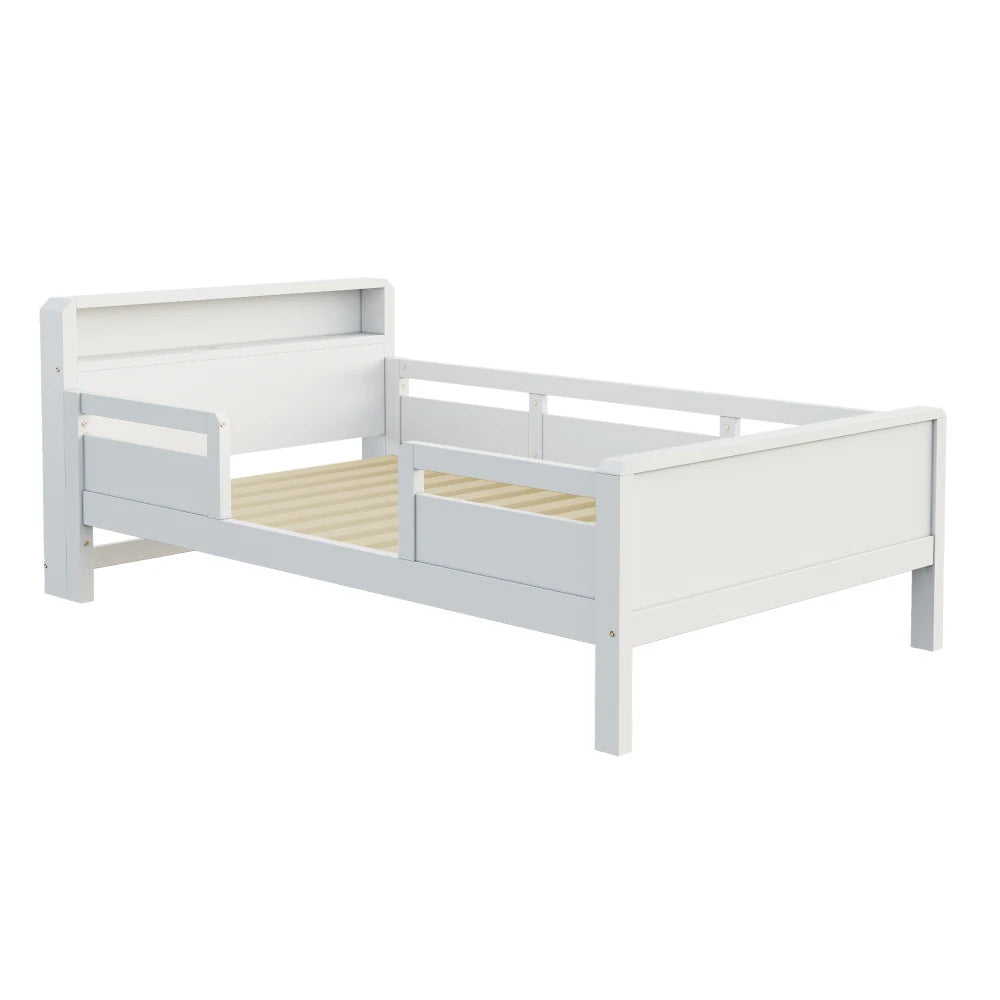 Multifunktions-Holzbett, USB- und Tape-C-Kombinationssteckdose, kleines LED-Licht, Kopfteil mit Einlagerfunktion, Einzelbett