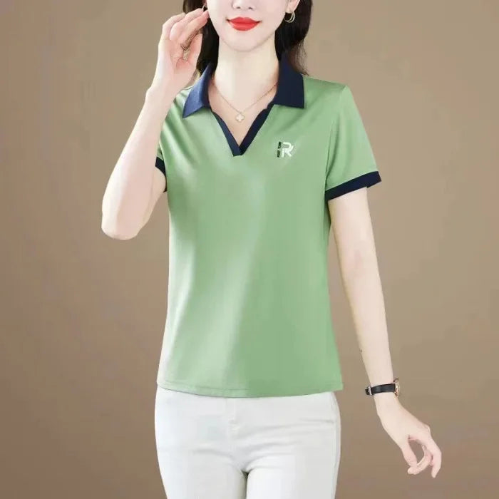 Loose Fit Polo Shirt Short Sleeve Turn-down Collar T-shirt for Middle-aged Mothers Summer New Style Sport Casual Top plus Size.