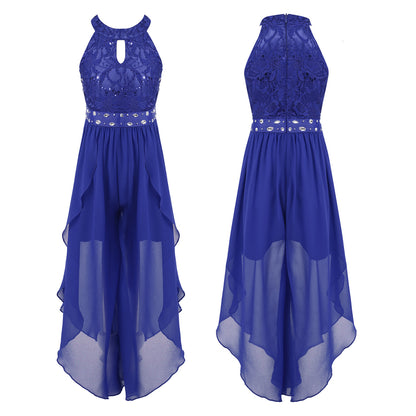 Sommer Mädchen Ärmellosen Chiffon Maxi Kleid Shiny Perlen Spitze Gebaut-in Shorts Party Kleid für Hochzeit Geburtstag Dance Leistung
