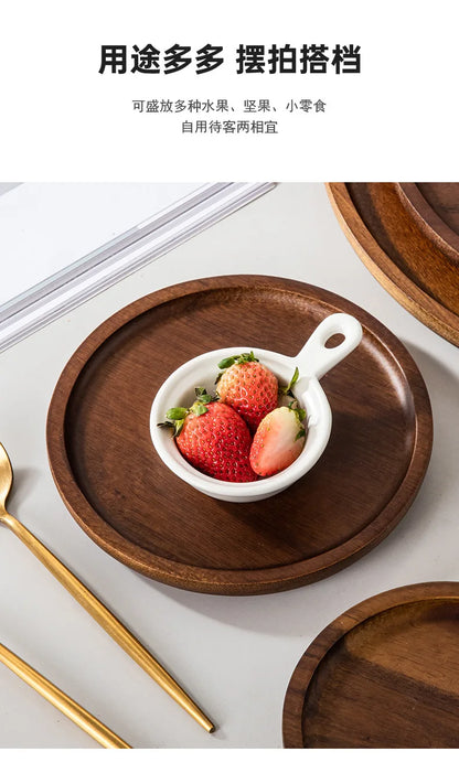 Solid Wood Circular Tray Japanese Style Western Household Tea Dessert Coffee Plate Cross-Border Design.