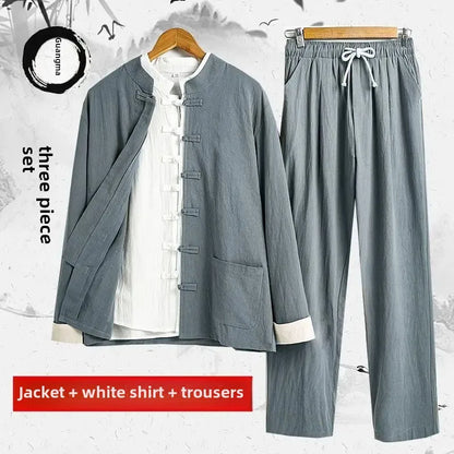 Traditional Chinese Men's Tang Suit Cotton Linen Ancient Costume Tea Servant Zen Meditation Clothing Middle Mountain Hanfu.