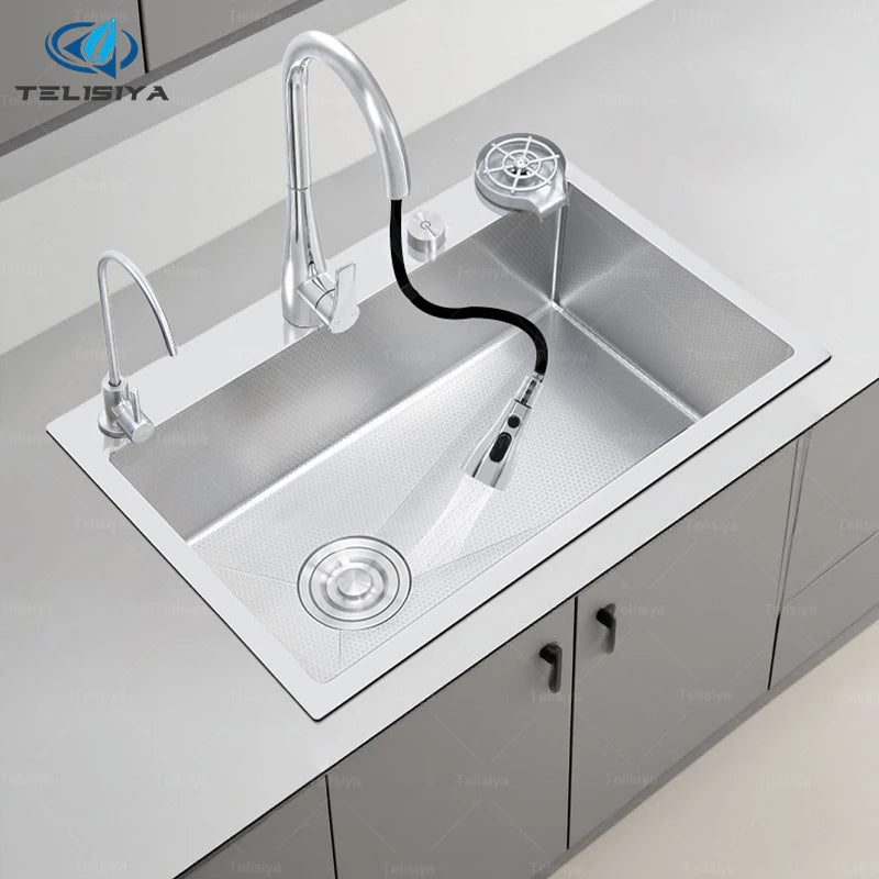 Stainless Steel Kitchen Sink Rice Grain Embossing Large Single Slot Household Wash Dish and Wash Vegetable Bowl Undermount Basin