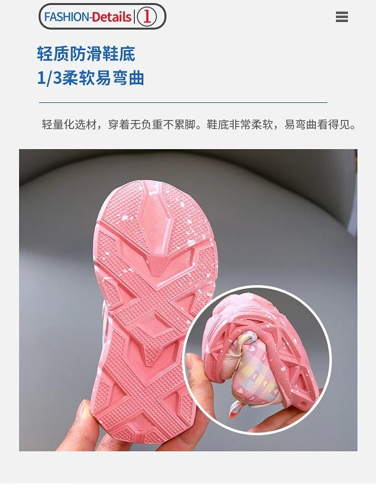 Disney LED Casual Sneakers For Spring Girls Frozen Elsa Princess Print Pu Leather Shoes Children Lighted Non-slip Pink Purple.