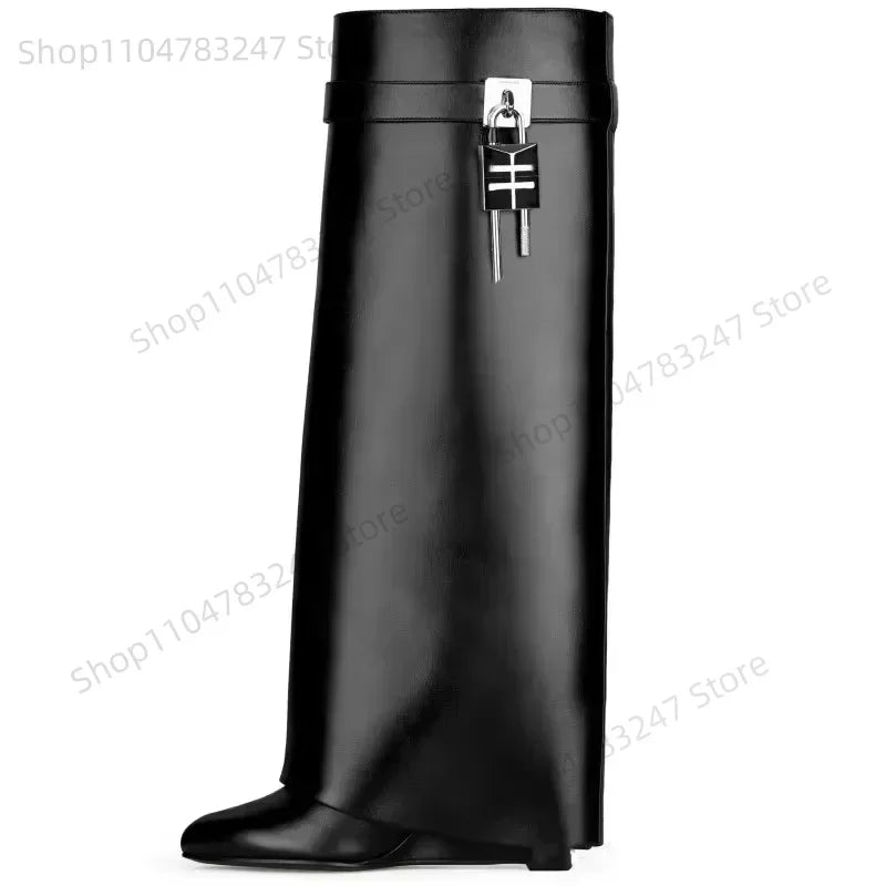 2025 Autumn Winter Lock Boots Women Designer Knee Boots Women Brand High Heel Knight Boots Fold Fashion Gothic Wedge Long Boot.
