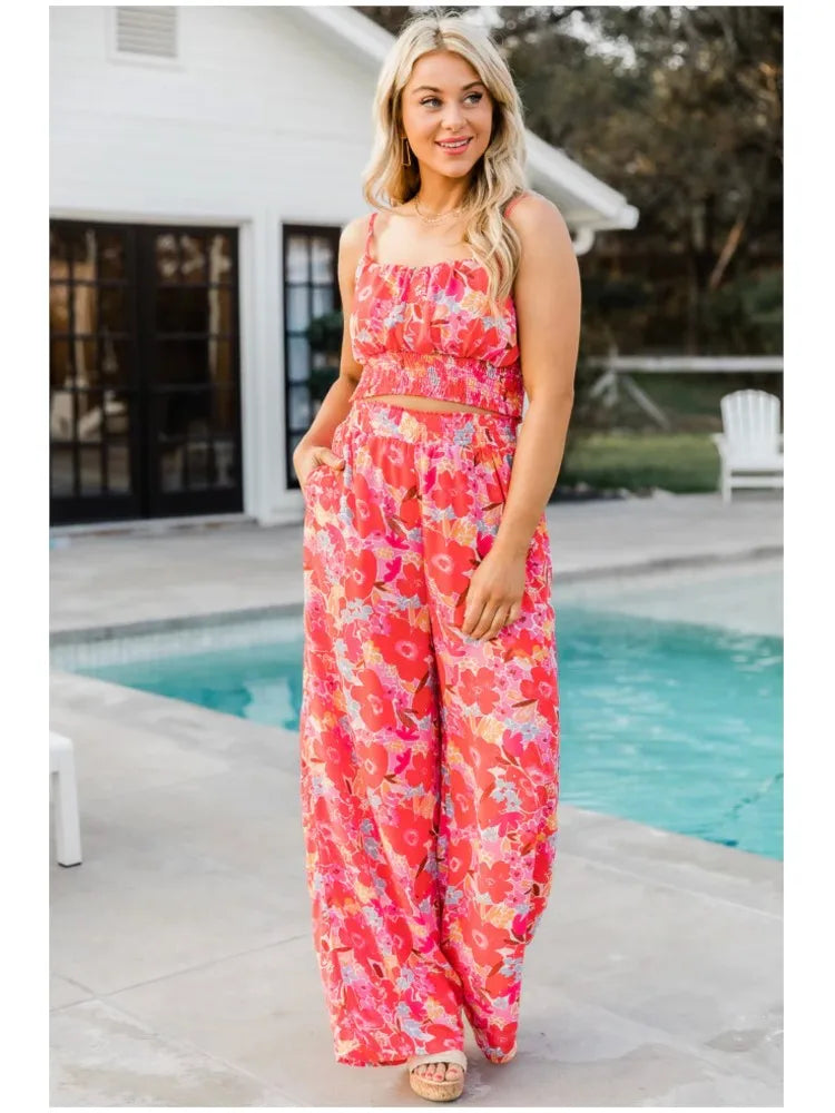 Women's Fashion Print Halter Sexy Short Top + Wide Leg Pant Suit Summer Casual Simple Sweet About Elegant Female Pant 2piece Set.