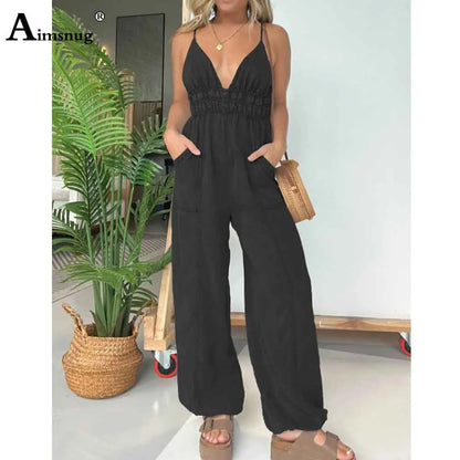2025 Women's Stand Pocket Casual Beach Jumpsuits Women Straight Leg Trousers High Cut Female Fashion Strappy Bodysuits New.