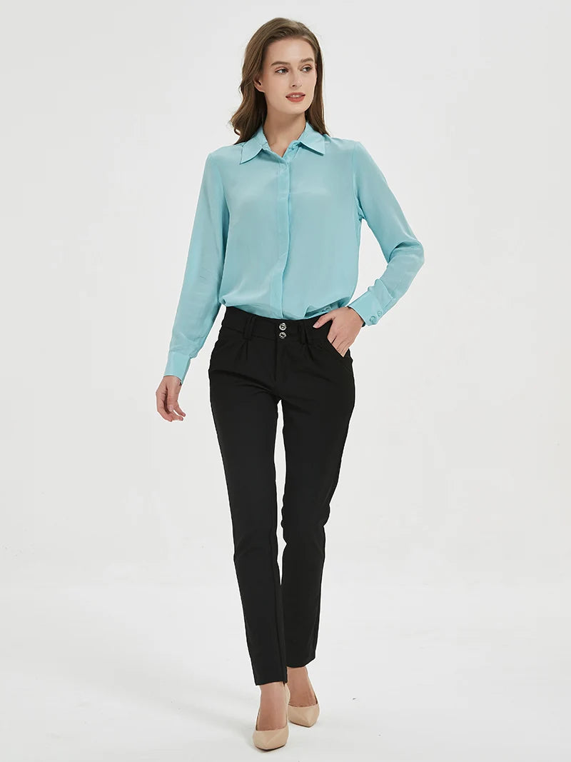 SuyaDream Damen-Seidenhemden, 100 % echte Seide, solide, langärmelige, schicke Blusen mit Knöpfen, 2025, Frühling, Sommer, Büro-Dame-Top, Weiß.