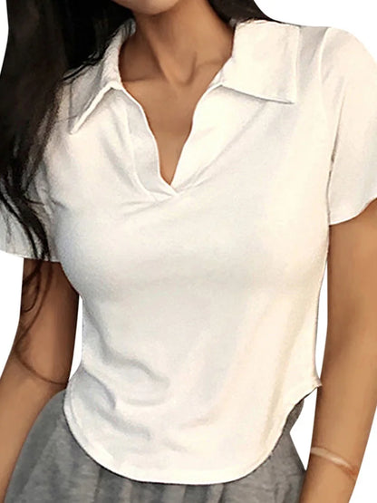 Summer Short Sleeve Lapel Top Women'S Solid V-Neck Pullovers Retro Sweet Shirts Hot Girl Crop Top Female Slim Versatile Tee.
