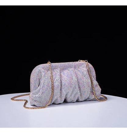 Premium Handmade Diamond-encrusted Clutch Bag Pleated Chain Rhinestone Cloud Clip Dinner Bag Single Shoulder Oblique Span Bolsos.