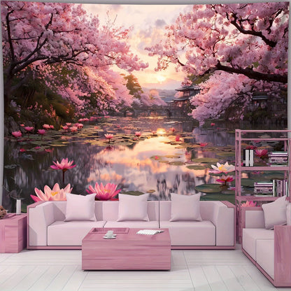 1pc Extra Large Japanese Cherry Blossom Sunset Tapestry - Pink Floral Lakeside Wall Hanging with Lotus Flowers, HD Printed Wrink.