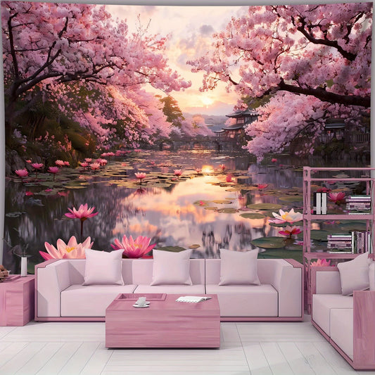 1pc Extra Large Japanese Cherry Blossom Sunset Tapestry - Pink Floral Lakeside Wall Hanging with Lotus Flowers, HD Printed Wrink.