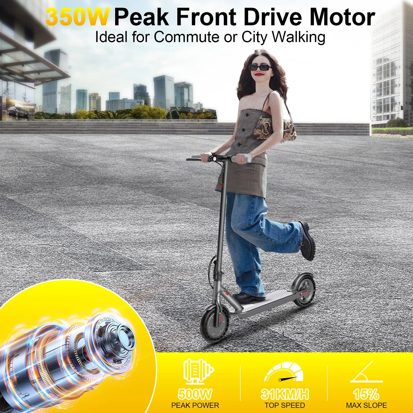 Dual Brake Electric Scooter with Seat Storage Bag 350W Powerful Motor Fast Speed 31KM/H on APP 36V 8.5 Inch Tire Adults Escooter.