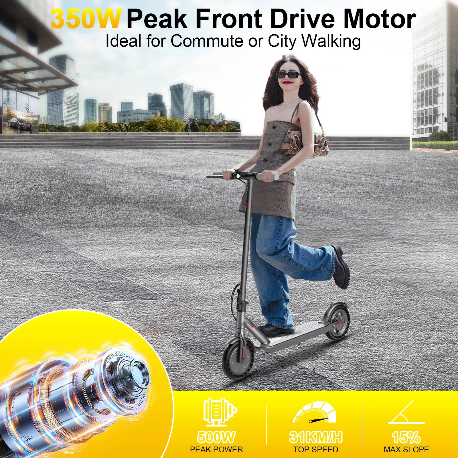 Dual Brake Electric Scooter with Seat Storage Bag 350W Powerful Motor Fast Speed 31KM/H on APP 36V 8.5 Inch Tire Adults Escooter.