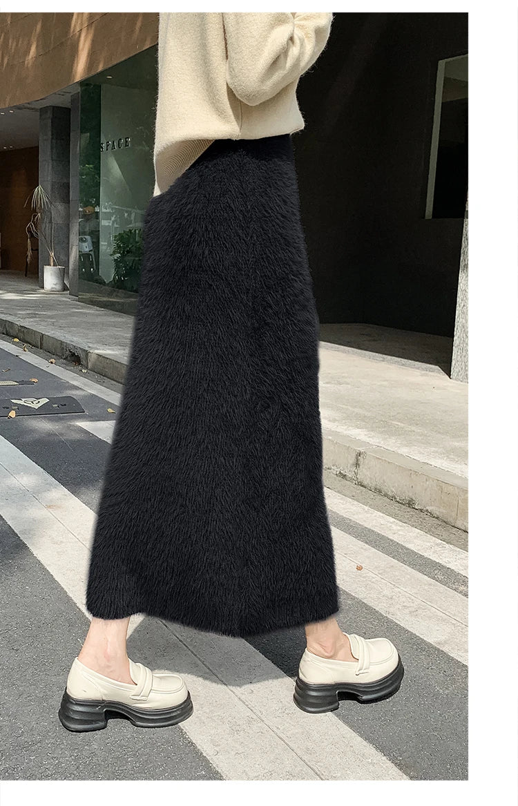 Autumn Winter New Knit Long Skirt Women Casual Thick Korean High Waist Soft A-Line Skirt