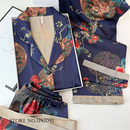Chinese Style Print Flower 3PCS Pajamas Set Loungewear Summer New Women Sleepwear Short Sleeve Trouser Suit Silk Satin Homewear.