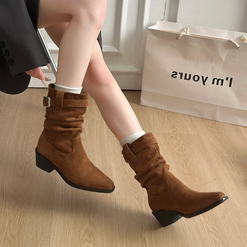 Autumn Winter Suede Pointed Toe Women Ankle Boots Fashion Slip On Thick Heel Shoes Ladies Elegant Slim Short Booties.