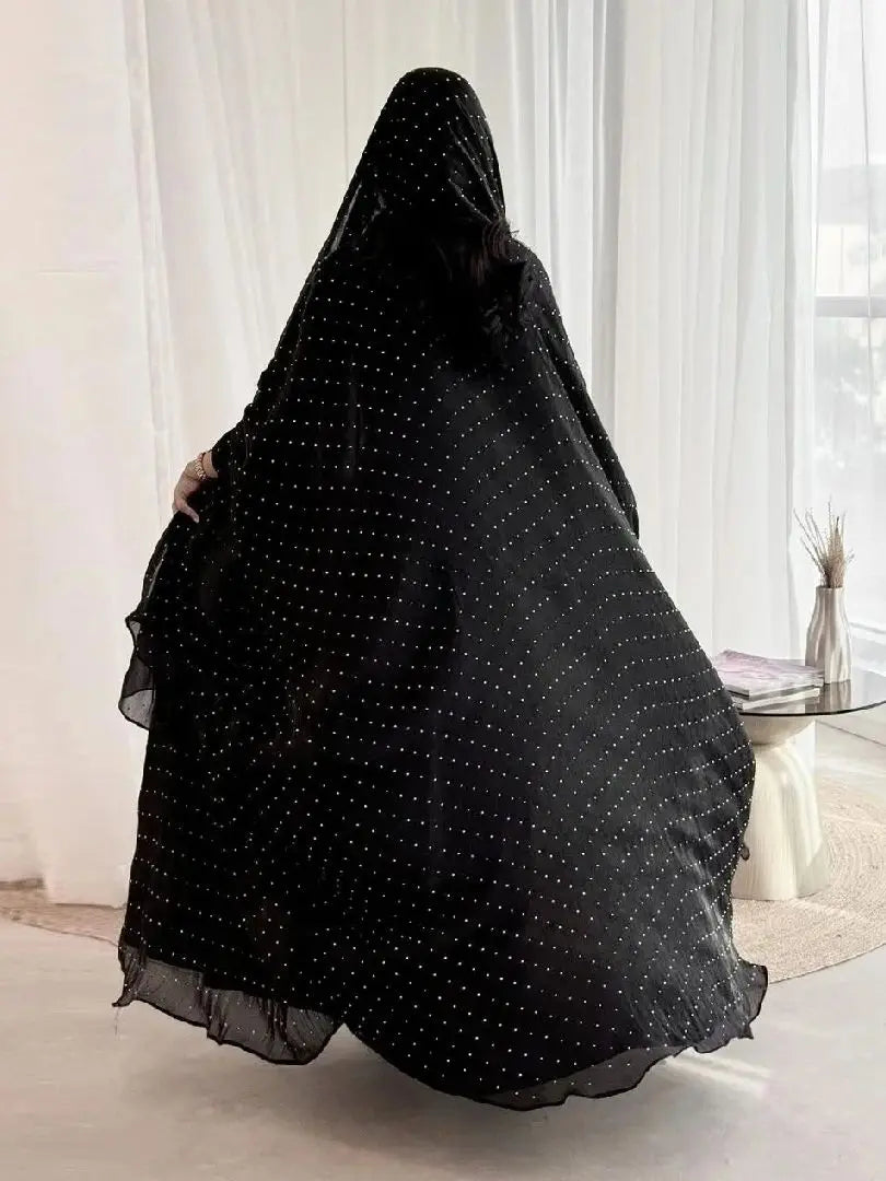 Ramadan Wave Point Black Open Muslim Modest With Hijab Women Kimono Abaya Damen Dubai Islam Kebaya Kaftan Robe Femme Musulman.