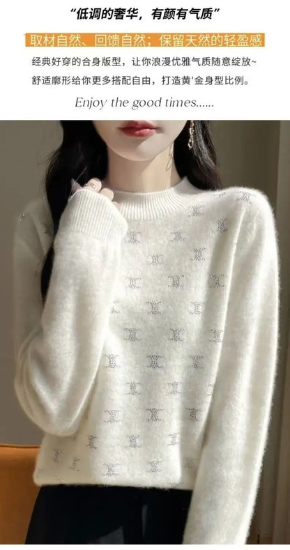 Temperament Fashion Autumn Winter New Sweaters Women Turtleneck Diamonds Long Sleeve Loose Pullovers Bottoming Shirt Knitted Top.