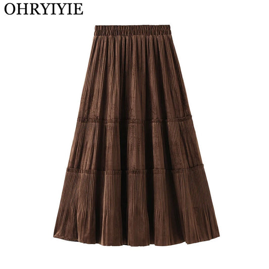 OHRYIYIE Solid Color Vintage Long Velvet Pleated Skirt Women 2024 New Autumn Winter Fashion Lady High Waist A Line Skirt Female.