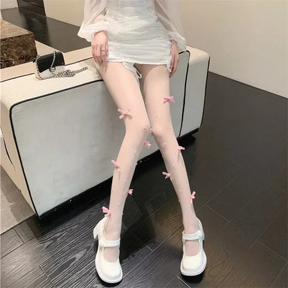 Sweet Pure Desire Butterfly Knot Stockings Pearl Pantyhose Women's Ultra Thin Any Cut Anti Snag Long Tube Socks.