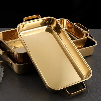 grilled fish plate household induction cooker rectangular Korean multi-functional barbecue plate golden commercial tray.