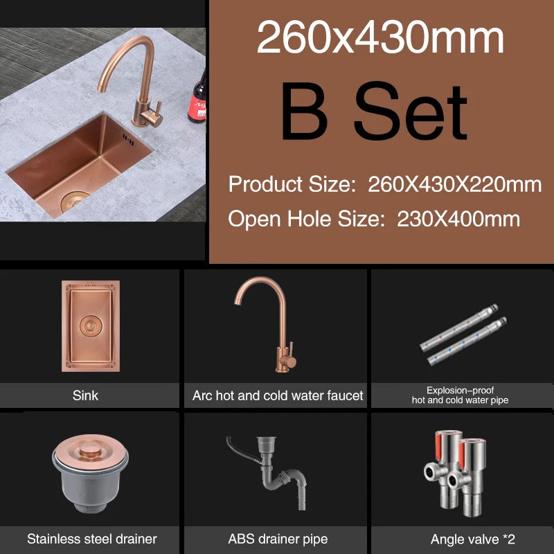 Rose Gold Kitchen Sink Nanometer Technology Gold 4mm thickness 304 Stainless Steel Manual Sink Single Bar Counter Kitchen Sink