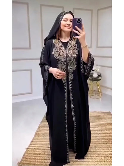 Eid Muslim Dress for Women Hooded Abaya 2 Piece Set Diamond Jalabiya Morocco Party Dresses Dubai Abayas Kaftan Vestido Long Robe