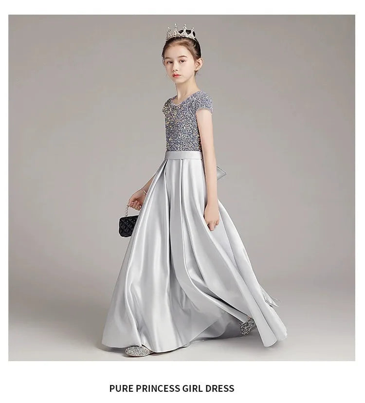 Mädchen-Klavierkleid, graues Pailletten-langes Performance-Kleid, Prinzessinnenkleid, Kinder-Host-Show-Performance-Kleid, Sommer
