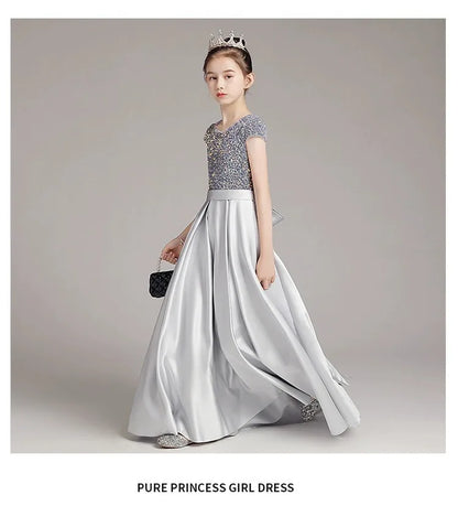 Mädchen-Klavierkleid, graues Pailletten-langes Performance-Kleid, Prinzessinnenkleid, Kinder-Host-Show-Performance-Kleid, Sommer