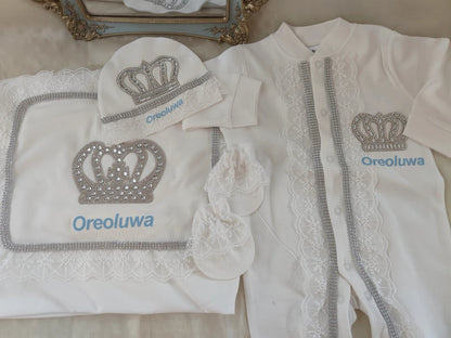 5pcs Handmade DIY Vinyl Name Personalized Baby Girl Newborn Jewels Crown Pink Take Me Home Layette 5 Piece Deluxe Gift Set