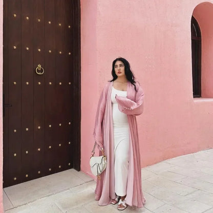 2025 Ramadan Satin muslimischen bescheidenen Kleid arabische Frauen öffnen Abaya Dubai islamische Langarm Cardigan Kleidung Truthahn schlichte Robe