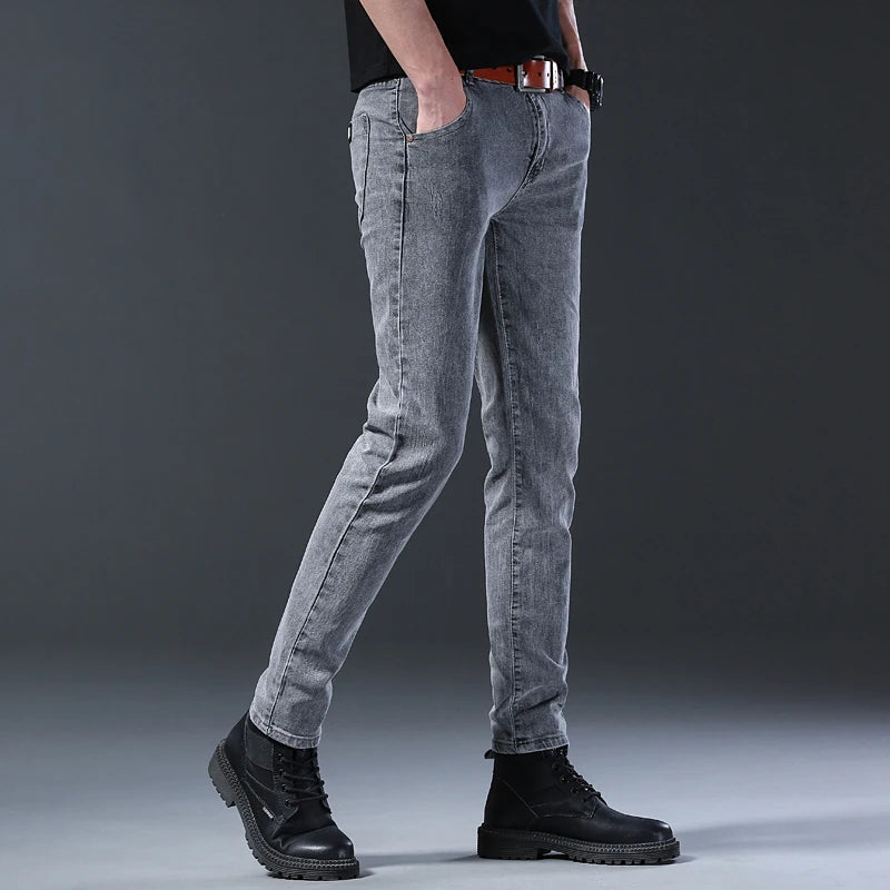 New style jeans, men's slim fit, Korean style comfortable straight leg elastic gray mid waist pants, men's casual denim pants.