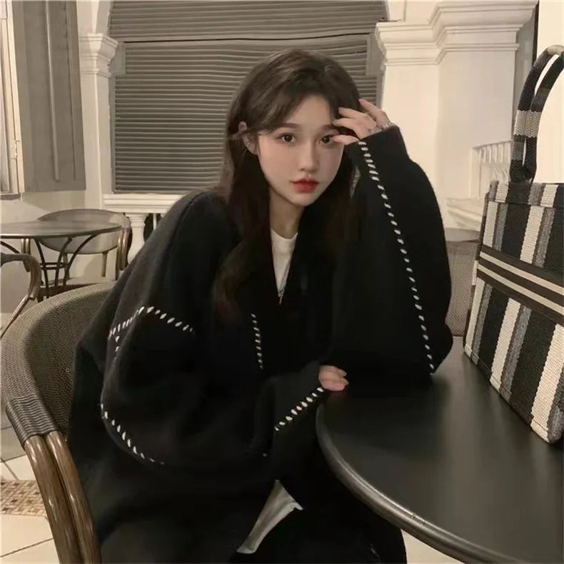 Women's Sweater Coat In Autumn and Winter V-neck Sweaters Jacket To Keep Warm and Loose Wild Academic Style Chic Cardigan