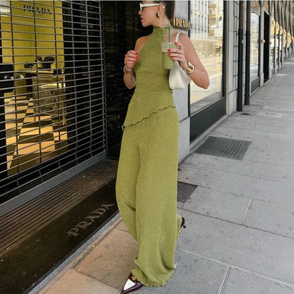 Tuularose Hanging Green Pants Set Sleeveless Backless Personality Temperament Commuter Two-piece Set Summer New Women Pants Set