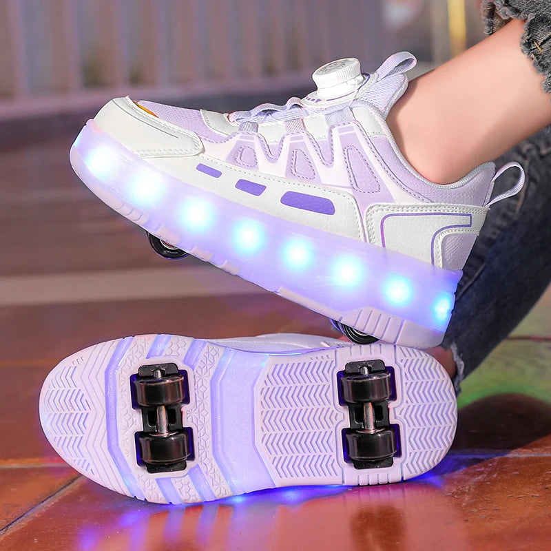 Children Four Wheels Luminous Glowing Sneakers Black Pink Led Light Roller Skate Shoes Kids Led Shoes Boys Girls USB Charging.