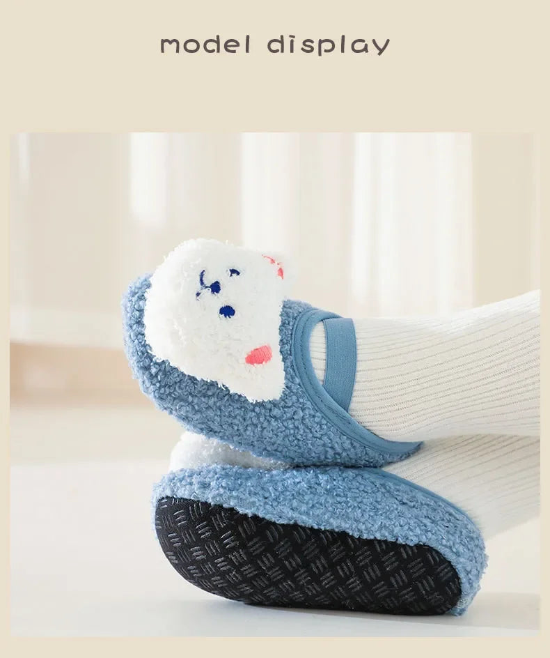 Warm Newborn First Walker for Boy Girl Cartoon Animal Bear Indoor Non-slip Floor Shoes Winter Fury Plush Floor Shoes