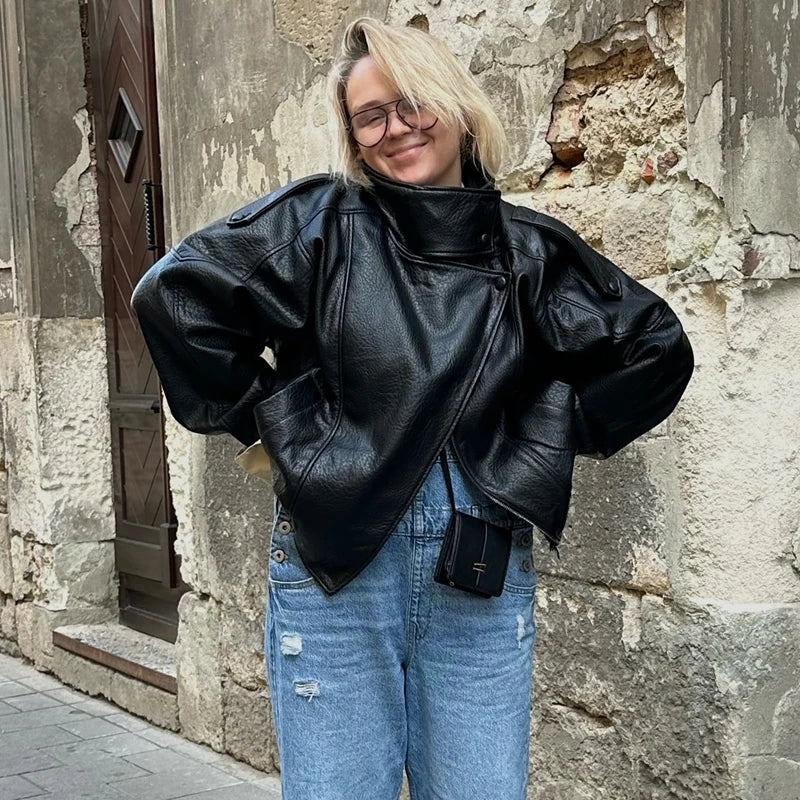 MUJER Schwarze Bomberjacken für Damen, Büro, Kunstleder, Damenjacke, Druckknopf, Wintermäntel für Damen, Mantel, Oberbekleidung