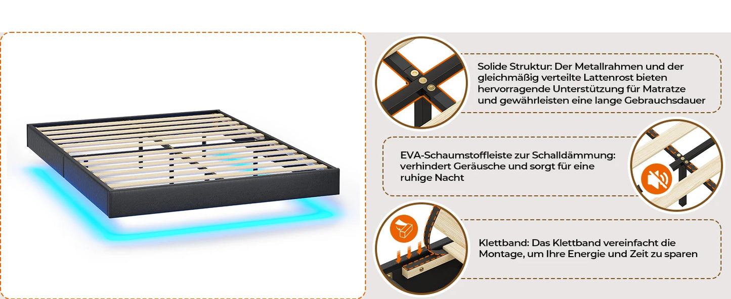 Bett 140x200 mit verstellbarer Beleuchtung, Bettgestell 140x200 mit weicher Polsterung, schwebender Bettrahmen, gepolsterte Jugendbe