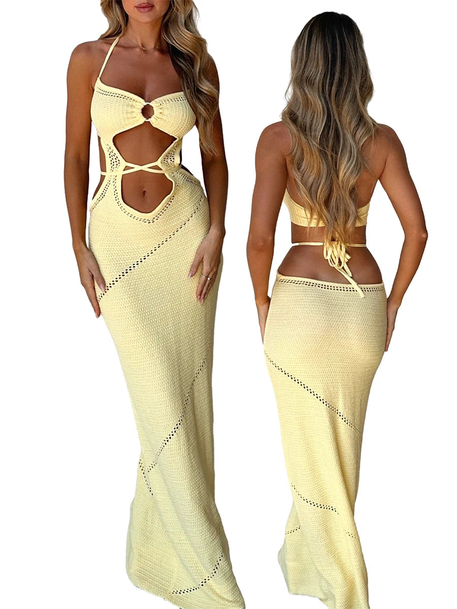 Damen ärmelloses Strick langes Kleid einfarbig Neck holder vorne Ausschnitt hinten Krawatte schlankes Kleid Sommer Strand Freizeit kleid.
