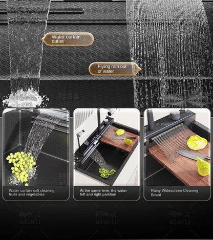 Kitchen 304 Stainless Steel Waterfall Sink, Large Single Slot, Digital Display Embossed Washing Basin Household Dishwashing Sink