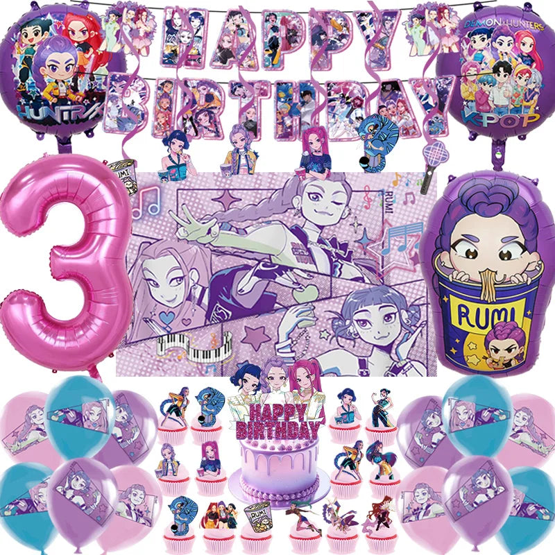 K Pop Dämonenjäger Party Ballon Kind Mädchen Alles Gute zum Geburtstag Party Dekoration Set 1-9. Nummer Ballon Banner Hintergrund Babyparty.