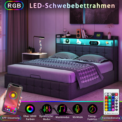 Rosahqnda Kissenbett, gepolstertes hydraulisches Bettgestell, graues Leinenkopfteil, Leinenstoff ohne Matratze