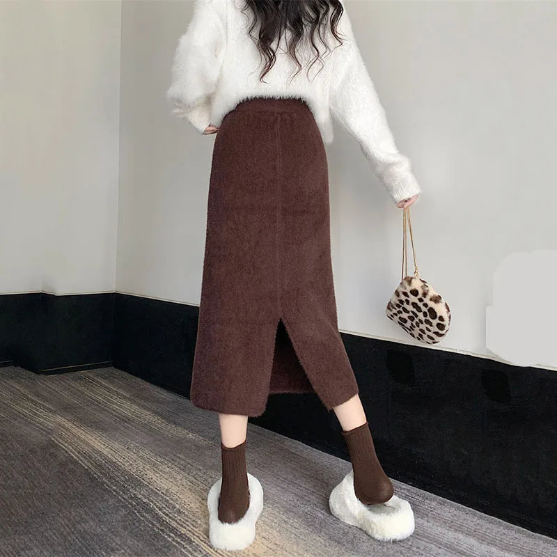 Korean Imitation Mink Plush Knitted Skirts Women Autumn Winter Thick Soft Split Pencil Skirts Elegant High Waist Bodycon Skirt.