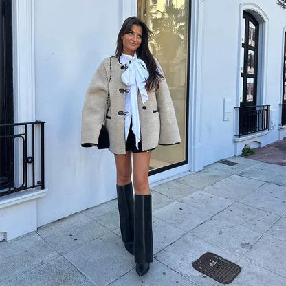 ZBZA Women's Faux Wool Jacket Loose Retro O-neck Single Breasted Long Sleeve Double Pocket Casual Overcoat Fall Winter Chic Coat