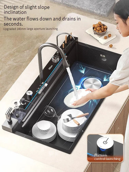 Wasserfall-Küchenspüle aus Edelstahl mit Digitalanzeige, extra große Einzelschüssel, multifunktionales Gemüsewaschbecken für den Haushalt