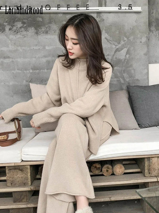 Loribindwood Gestrickte Pullover Breite Bein Hosen Anzug für Frauen Herbst/winter 2022, Neue Koreanische Lose Mode Zwei-stück Set