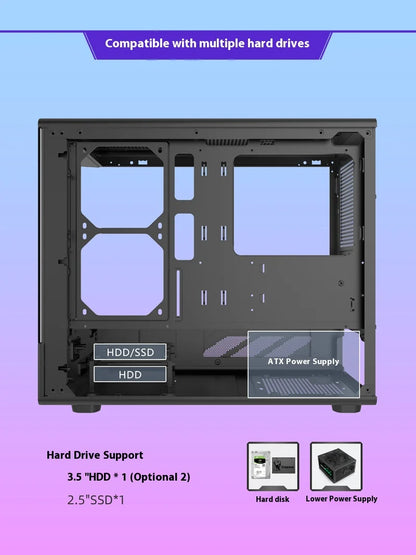 Power Train N5 MATX desktop room with a column-free sea view features a glass side computer case supports 360 water cooling.